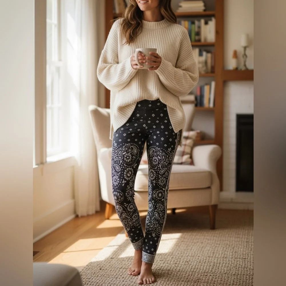American Eagle Knit Sweater Leggings Gray Bandana Print Ahh-mazingly Soft Size M